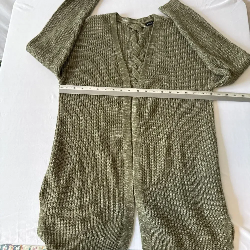 Love Ellie Women's M Boho Lace Up Back Open Front Knit Cardigan Comfy Fall Olive
